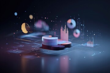 Visual representation of data analysis shown with a 3D pie chart and overlaid graphs against a dark backdrop
