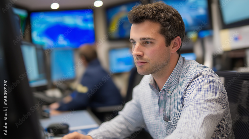 Poster maritime cybersecurity operations center where specialists monitor vessel communications and navigat