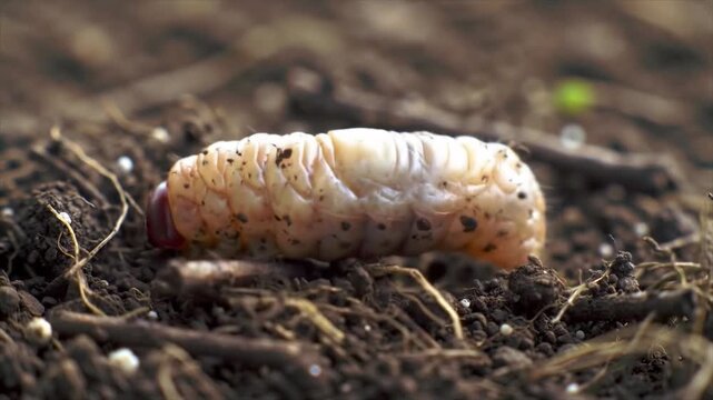 Close-up of a pale, plump grub larvae in dark garden soil, resembling a large maggot burrowing through organic matter, captured in macro detail