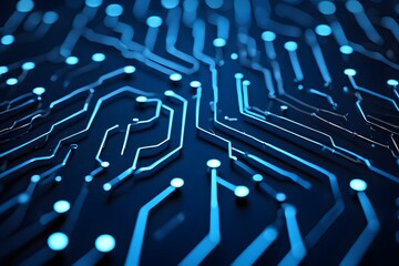 A close up view of a blue circuit board with glowing nodes and intricate pathways design element