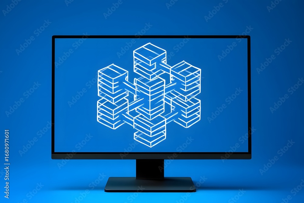 Fototapete a computer monitor displaying a white geometric cube design on a solid blue background in a studio s