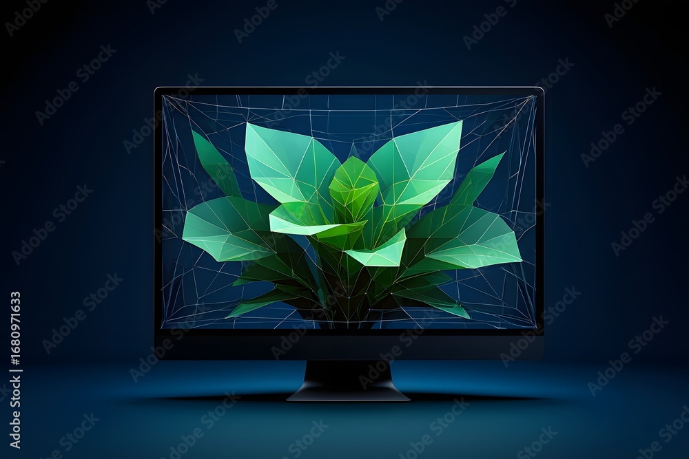Poster a computer monitor displays a low poly plant with a wireframe overlay on a dark blue background