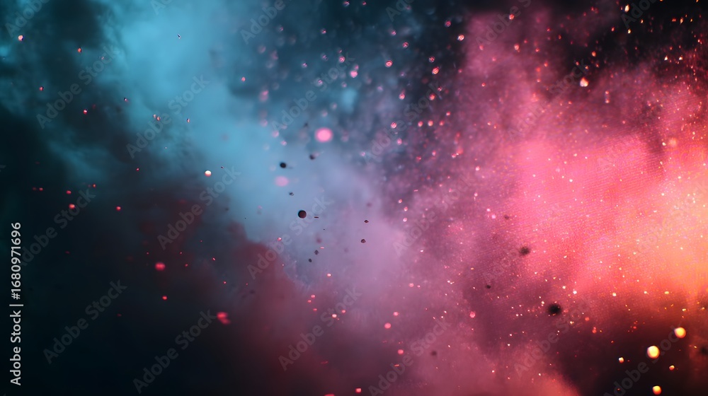 Poster celestial burst of color: a vivid and dynamic composition explodes with vibrant hues, simulating a c