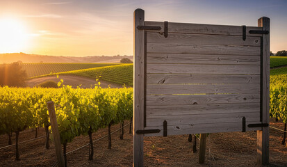 A blank wooden sign stands at the edge of a beautiful, golden canola or rapeseed field at sunset, a perfect, rustic mockup for a farm, food brand, or countryside message.