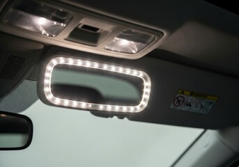A close-up shot of a car's interior rearview mirror and the overhead console with bright illuminated lights.