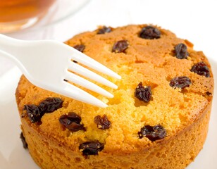A close-up view of a golden-brown raisin cake, with a white plastic fork gently piercing its surface.