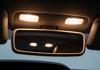 A close-up shot of a car's interior rearview mirror and the overhead console with bright illuminated lights.