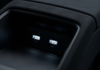 A close-up of a modern car's interior, showing two illuminated USB ports with a glowing blue light.
