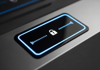 A close-up of a modern, sleek illuminated car button with a lock symbol, glowing in bright blue light.