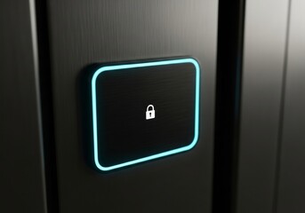 A close-up of a modern, sleek illuminated car button with a lock symbol, glowing in bright blue light.