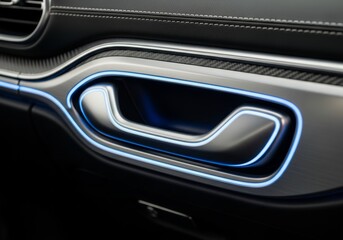 A close-up of a modern car's interior door handle with elegant blue ambient lighting and a power symbol.