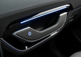 A close-up of a modern car's interior door handle with elegant blue ambient lighting and a power symbol.