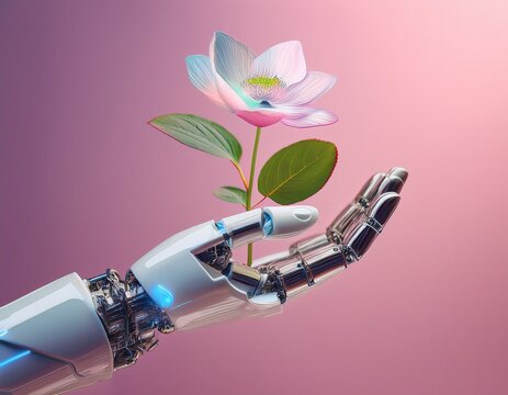 Robot hand delicately holding a beautiful lotus flower symbolizing technology, nature and future growth with soft pink background