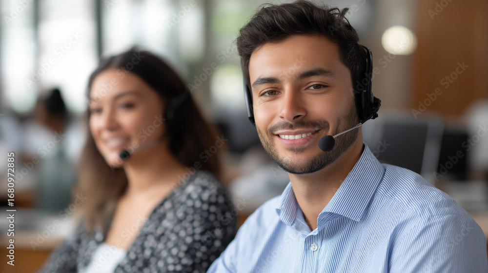 Poster customer service representatives naturally interacting with clients both in person and via video cal