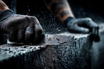 Intensywna praca murarska – ręce robotnika w rękawicach obrabiające surowy beton