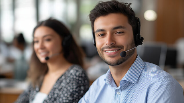 Customer service representatives naturally interacting with clients both in person and via video calls showing genuine care and professional expertise. Modern open office with com