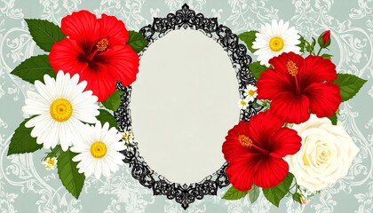 Oval frame with red hibiscus, white daisies & rose, on damask background