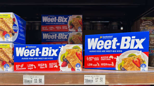Weet-Bix cereal boxes displayed on supermarket shelves in Penang
