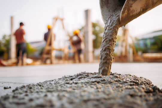 Wylewanie betonu z betoniarki &ndash; prace budowlane na placu budowy