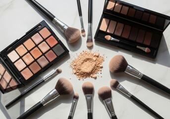 An elegant, overhead flat lay showcases a complete makeup set on a pristine white marble surface. Two large makeup palettes with earthy, neutral eyeshadows are surrounded by a variety of professional 