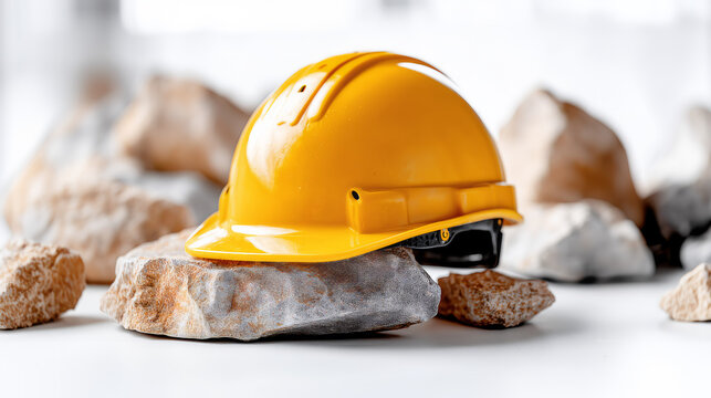 Ż&oacute;łty kask budowlany na kamieniach &ndash; bezpieczeństwo pracy na budowie