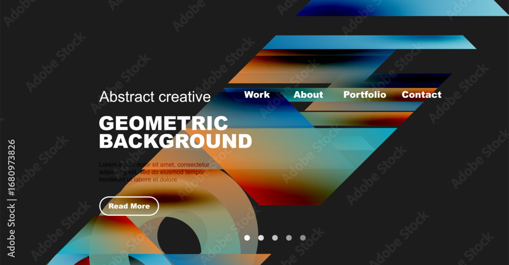 Poster modern website design features vibrant geometric shapes, text overlay, navigation menu. dark backgro