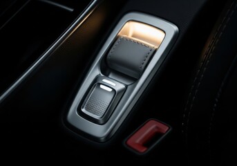A detailed close-up of a modern car's luxurious interior, focusing on the ambient lighting. A long, thin strip of warm, glowing LED lights runs along a sleek panel on the car's leather-trimmed door, c