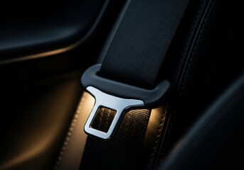 A close-up shot of a modern car's seat belt buckle, featuring a dark, textured strap and a prominent gray and orange button. The vibrant orange frame around the release button and the sleek, contempor