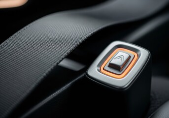 A detailed close-up of a modern car's seat belt buckle, which is partially illuminated by warm ambient lighting. The sleek gray buckle and dark strap are sharply contrasted by the glow from behind, hi