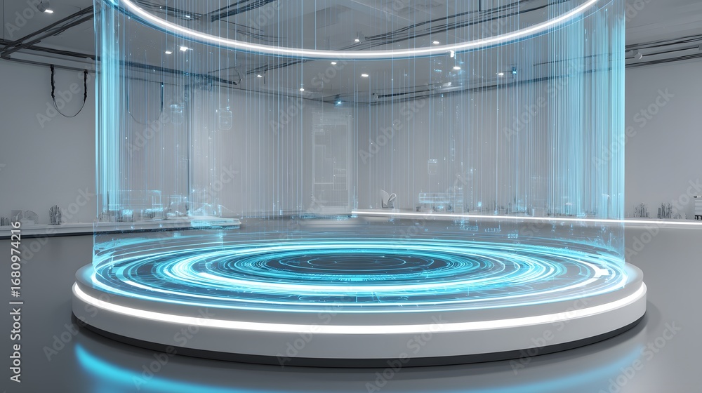 Poster technological marvel: illuminated platform displaying a stunning array of energy flow and luminous d