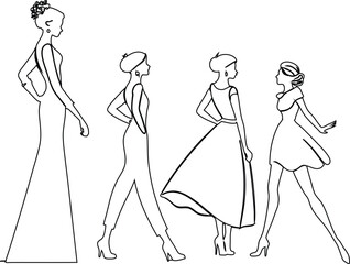 Stylish female outline vectors  in frock and skirt, multiple variations for beauty designs, glamour posters, and fashion branding.