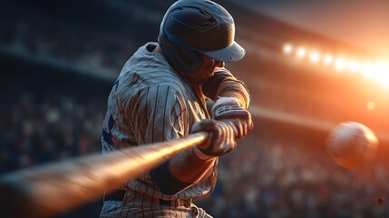 Baseball player captured in mid-swing with bat at exact impact moment with ball in warm environment