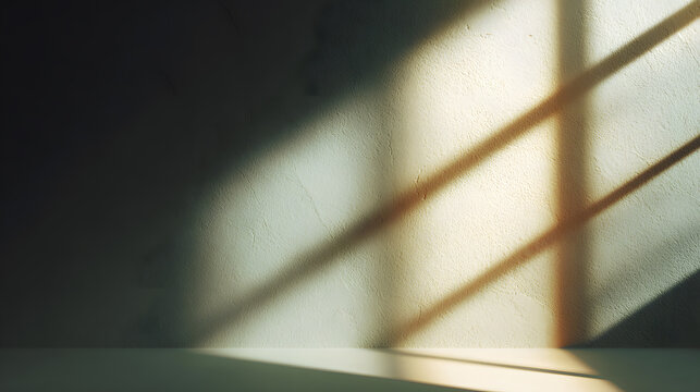 A moody composition featuring a neutral wall patterned with shadow grids formed by mullions. The stark geometry of the intersecting lines contrasts with the soft wall texture. The cinematic lighting