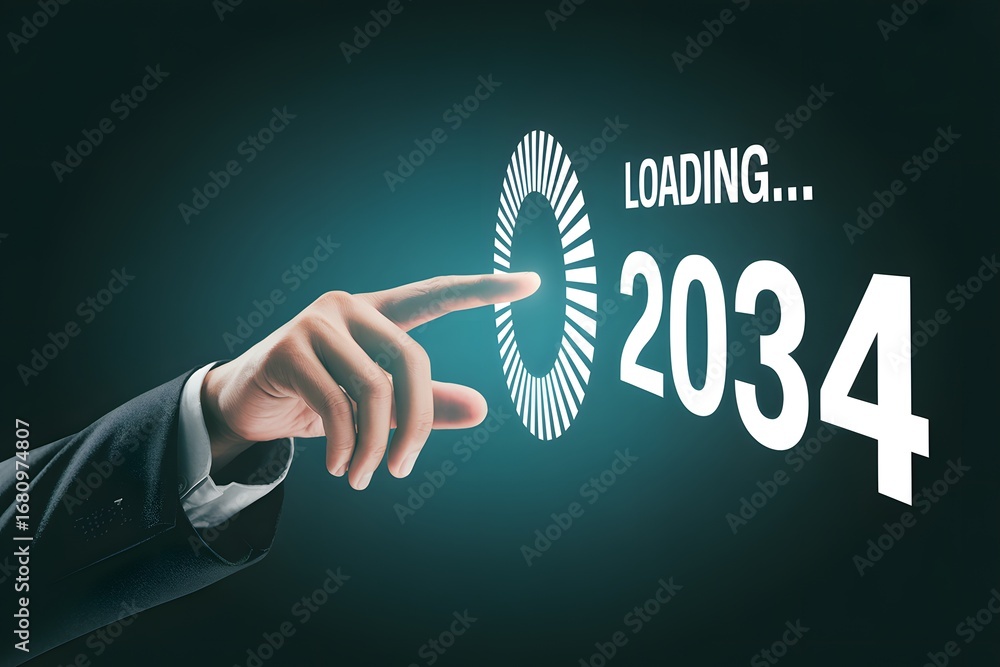 Poster a hand touching a loading circle with the year two thousand thirty four on a dark blue background