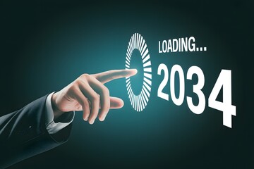 A hand touching a loading circle with the year two thousand thirty four on a dark blue background