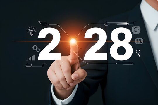 A man in a suit pointing at a bright spot between two white numbers with graphic elements around