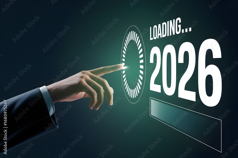 Poster a hand touches a loading indicator with the year 2026 displayed on a dark green background screen