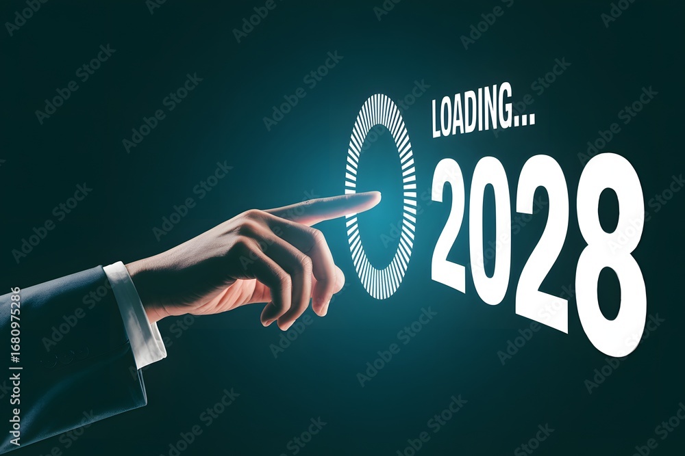 Poster a hand touching a loading screen with the year two thousand twenty eight on a dark blue background
