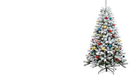 Flocked Artificial Christmas Tree with Colorful Ornaments.