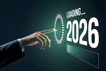 A hand touches a loading indicator with the year 2026 displayed on a dark green background screen