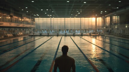 Captivating image of a lone swimmer stretching in a tranquil swimming pool with muted tones