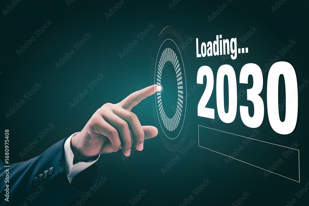 Aufkleber hand reaching towards loading circle with loading text and the year two thousand and thirty