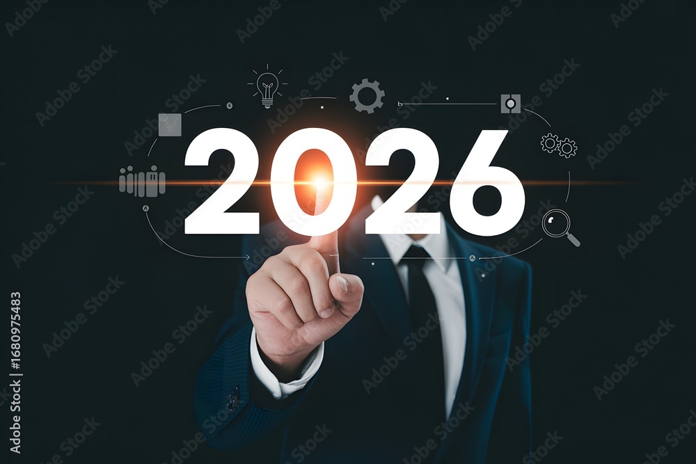 Aufkleber a man in a suit pointing at the year twenty twenty six with technology icons in the background