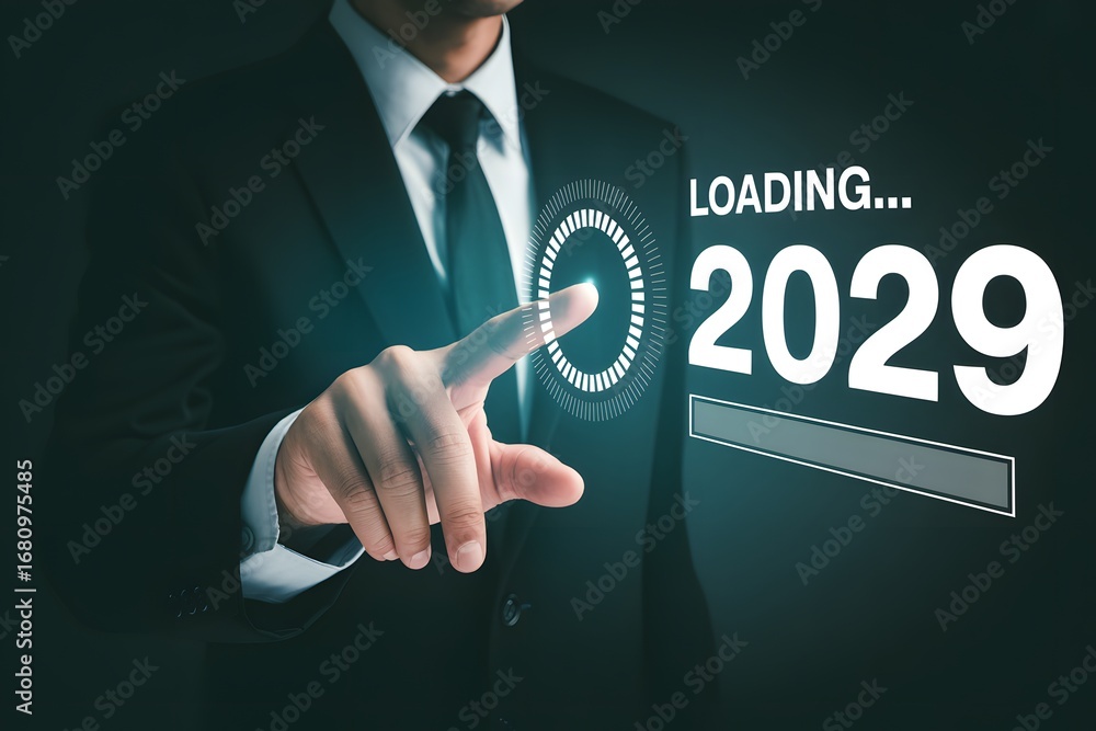 Aufkleber a businessman touching a loading screen with the year twenty twenty nine displayed prominently on it