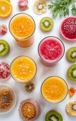 A vibrant flat lay of delicious, healthy fruit smoothies in glasses, surrounded by fresh ingredients for a nutritious diet and detox