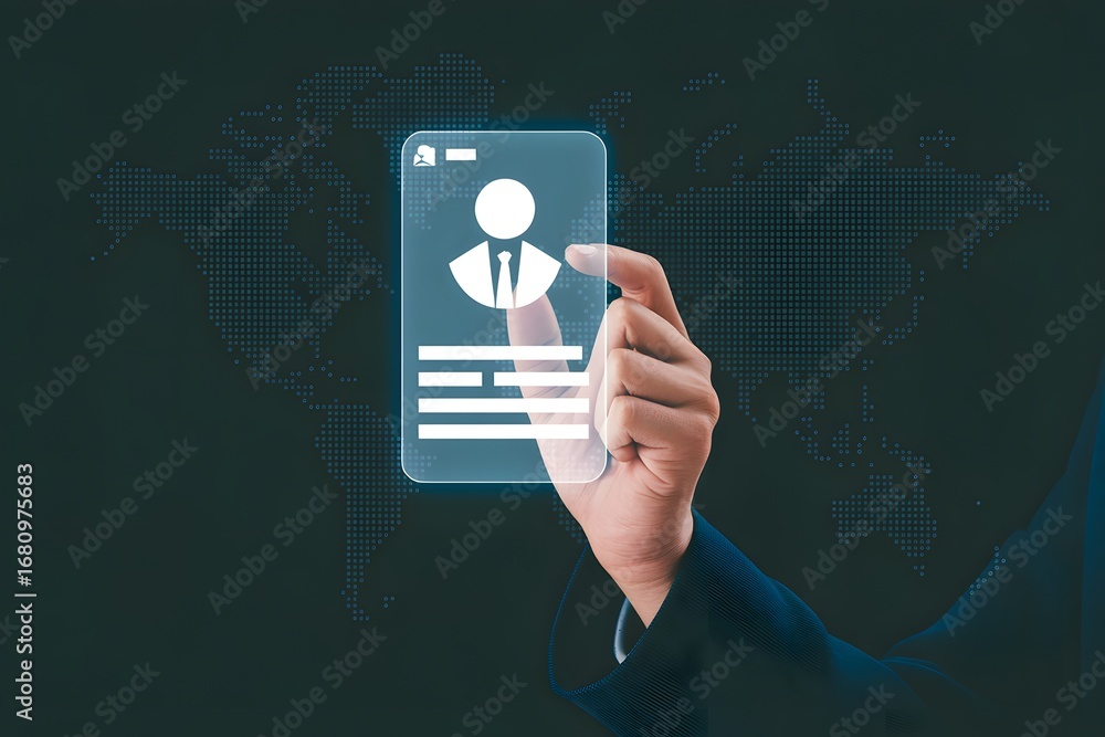 Poster hand holding transparent screen displaying profile icon against dark abstract background