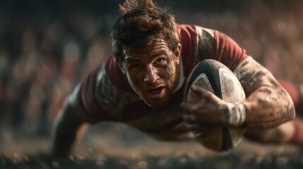 Impactful moment of a rugby player diving to score a try with warm tones highlighting action