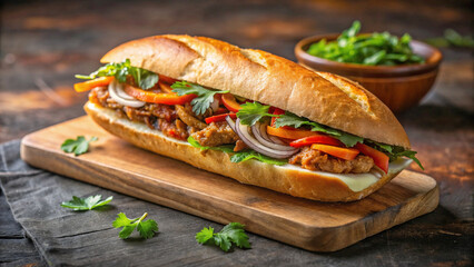Vietnamese street food featuring crispy Vietnamese banh mi sandwich, beautifully displayed on cutting board.