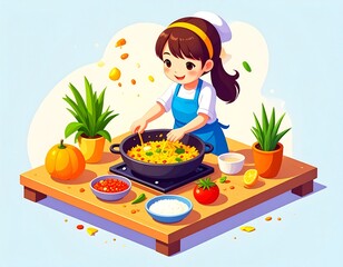 Cute Kid Chef Cooking Illustration