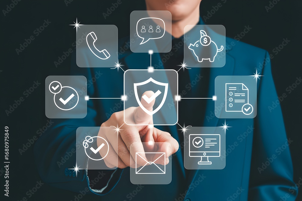 Poster man in suit interacting with glowing digital interface featuring security and business icons around 